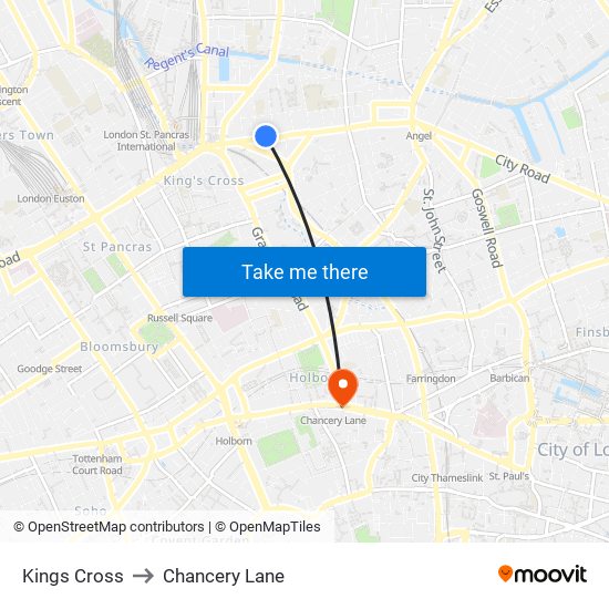 Kings Cross to Chancery Lane map