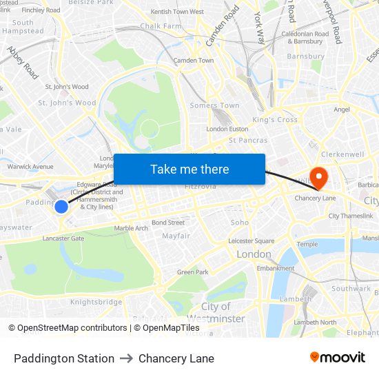 Paddington Station to Chancery Lane map