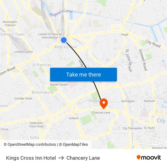 Kings Cross Inn Hotel to Chancery Lane map