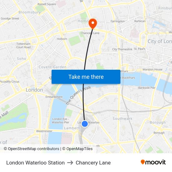 London Waterloo Station to Chancery Lane map