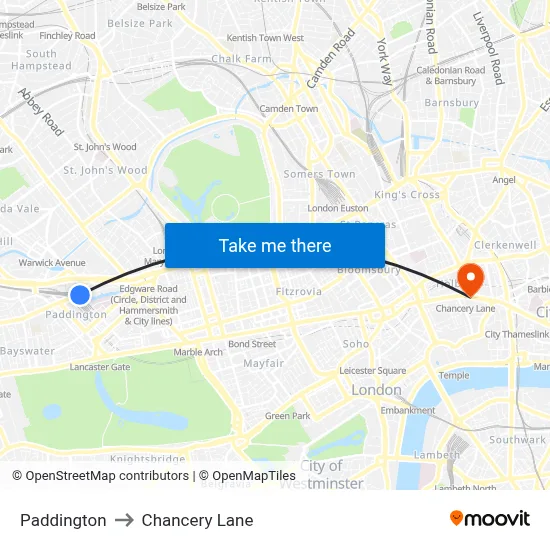 Paddington to Chancery Lane map