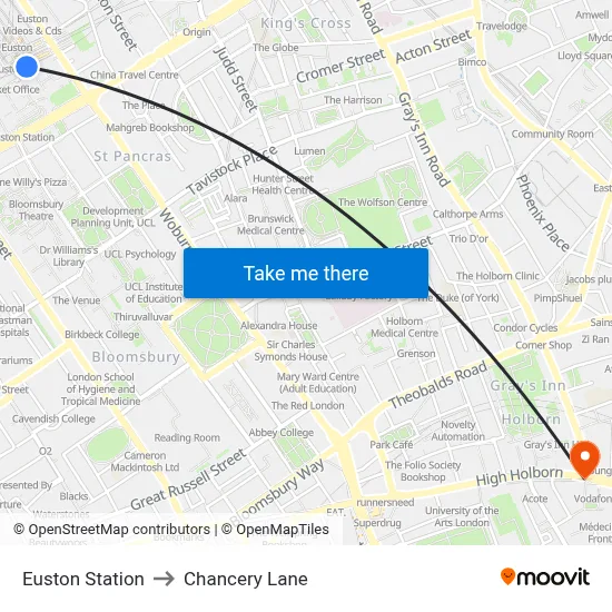 Euston Station to Chancery Lane map