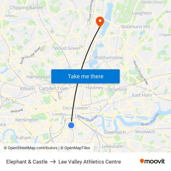 Elephant & Castle to Lee Valley Athletics Centre map