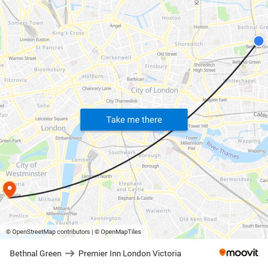 Bethnal Green to Premier Inn London Victoria map