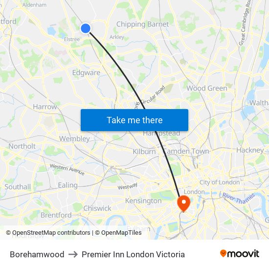 Borehamwood to Premier Inn London Victoria map