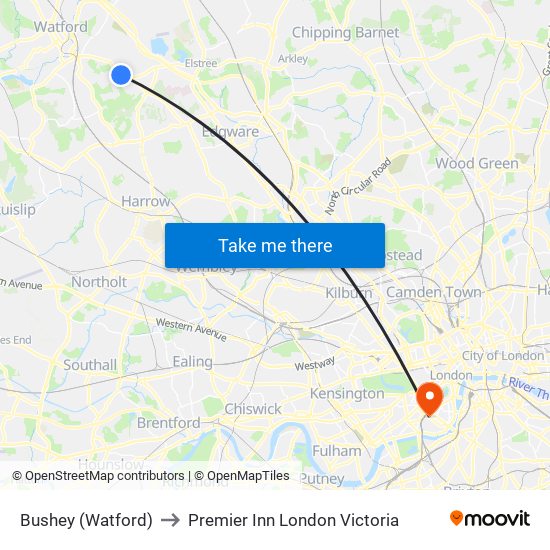 Bushey (Watford) to Premier Inn London Victoria map