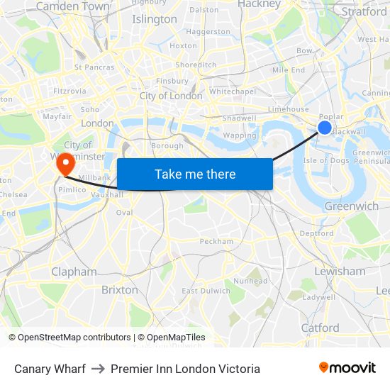 Canary Wharf to Premier Inn London Victoria map