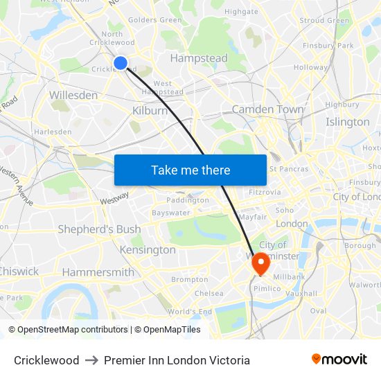 Cricklewood to Premier Inn London Victoria map