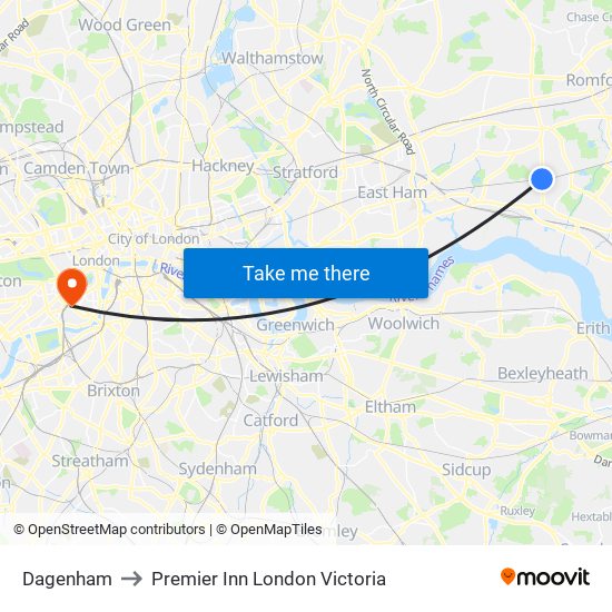 Dagenham to Premier Inn London Victoria map