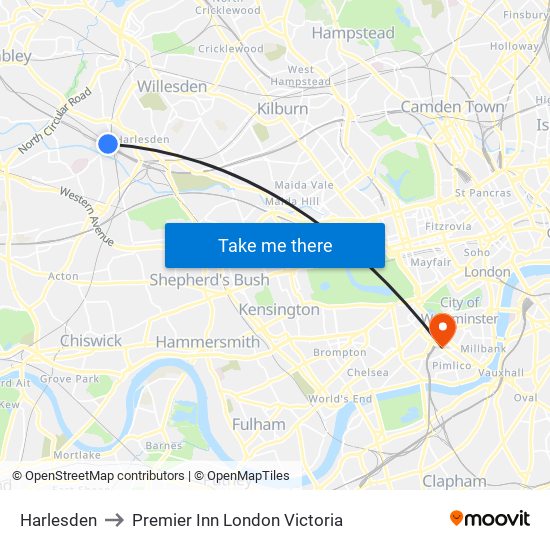 Harlesden to Premier Inn London Victoria map