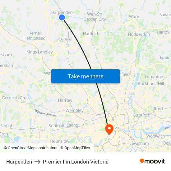 Harpenden to Premier Inn London Victoria map