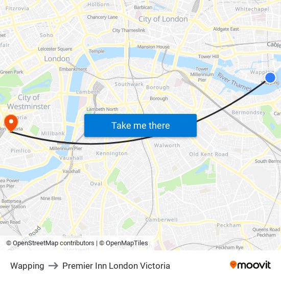 Wapping to Premier Inn London Victoria map