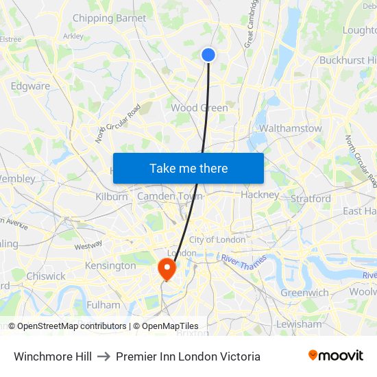 Winchmore Hill to Premier Inn London Victoria map