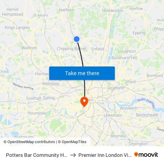 Potters Bar Community Hospital to Premier Inn London Victoria map