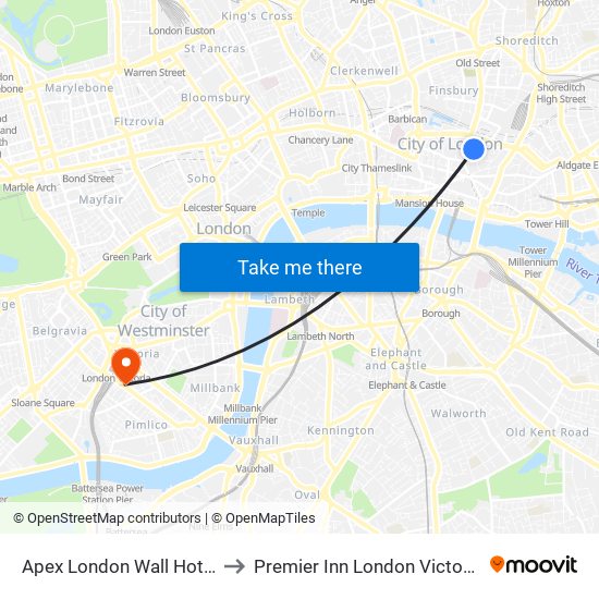 Apex London Wall Hotel to Premier Inn London Victoria map
