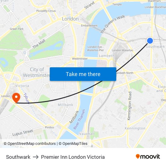 Southwark to Premier Inn London Victoria map