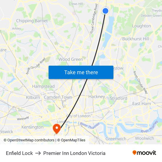 Enfield Lock to Premier Inn London Victoria map