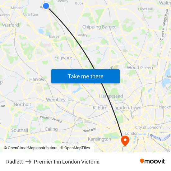 Radlett to Premier Inn London Victoria map