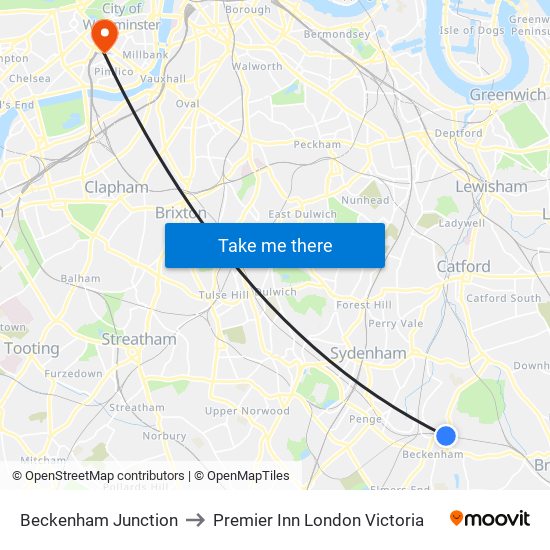 Beckenham Junction to Premier Inn London Victoria map