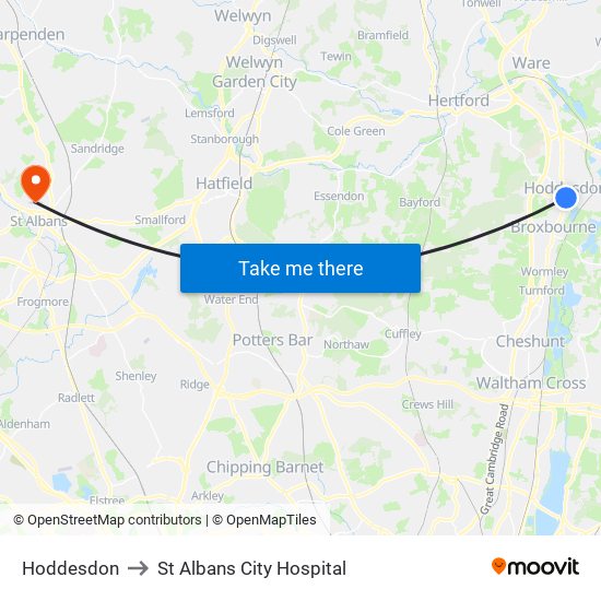 Hoddesdon to St Albans City Hospital map
