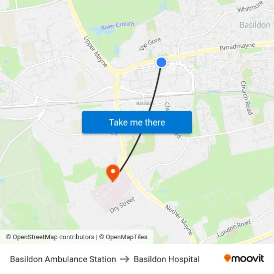 Basildon Ambulance Station to Basildon Hospital map