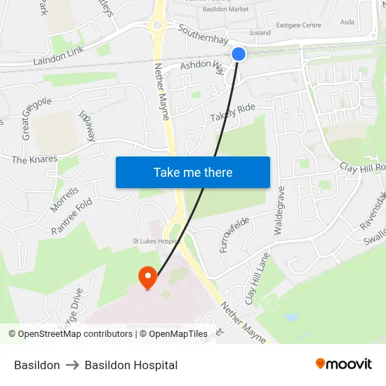 Basildon to Basildon Hospital map