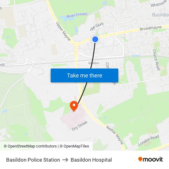 Basildon Police Station to Basildon Hospital map