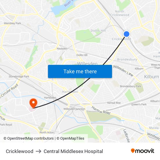 Cricklewood to Central Middlesex Hospital map