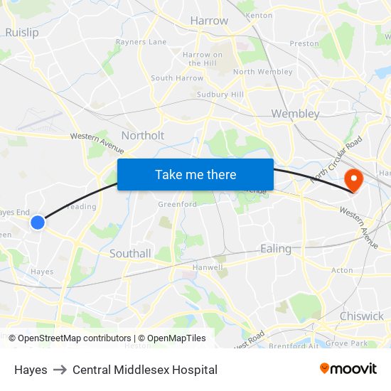 Hayes to Central Middlesex Hospital map