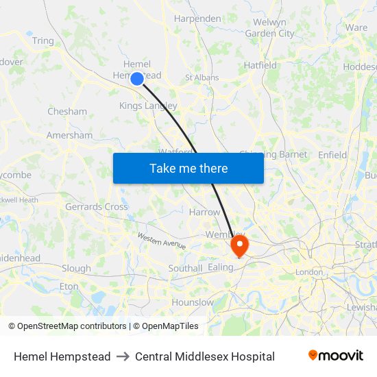 Hemel Hempstead to Central Middlesex Hospital map