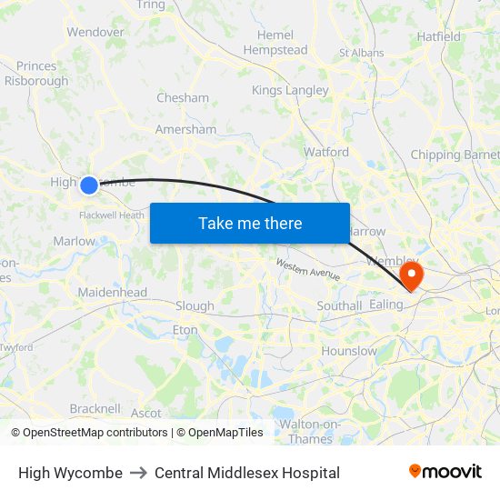 High Wycombe to Central Middlesex Hospital map