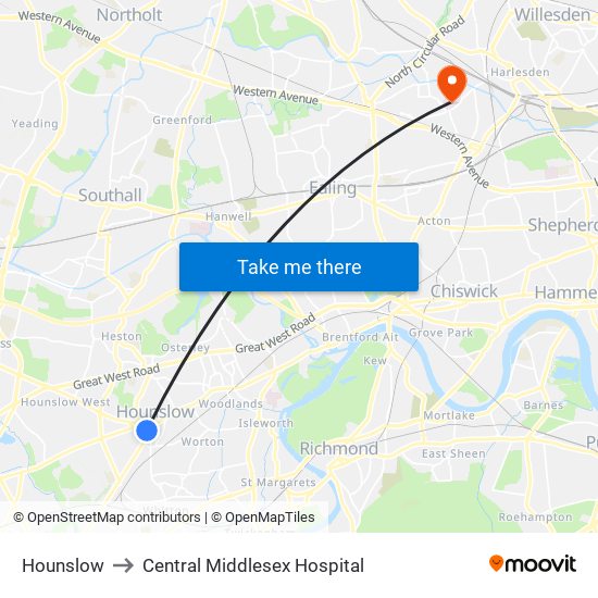 Hounslow to Central Middlesex Hospital map