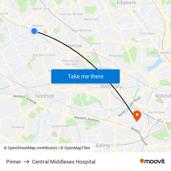 Pinner to Central Middlesex Hospital map