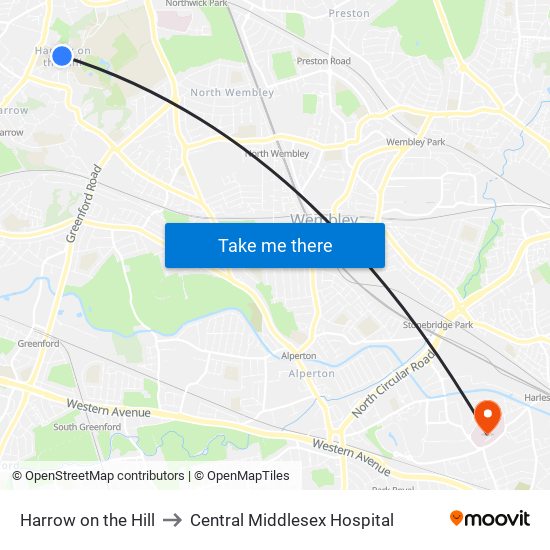 Harrow on the Hill to Central Middlesex Hospital map