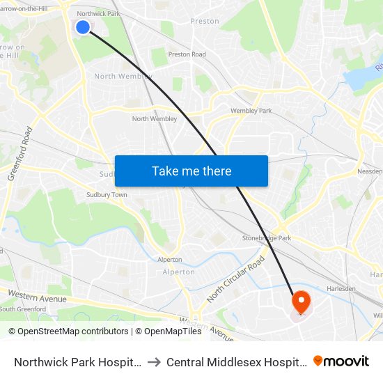Northwick Park Hospital to Central Middlesex Hospital map
