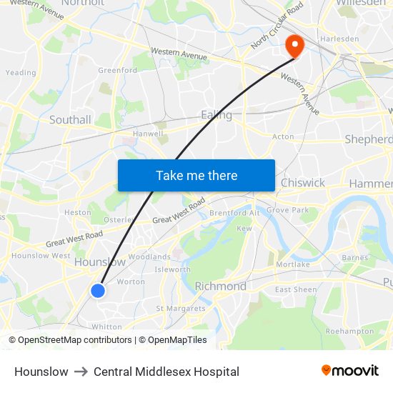 Hounslow to Central Middlesex Hospital map