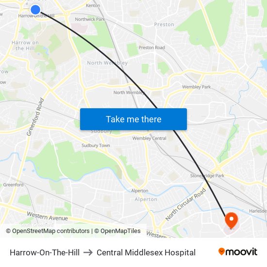 Harrow-On-The-Hill to Central Middlesex Hospital map