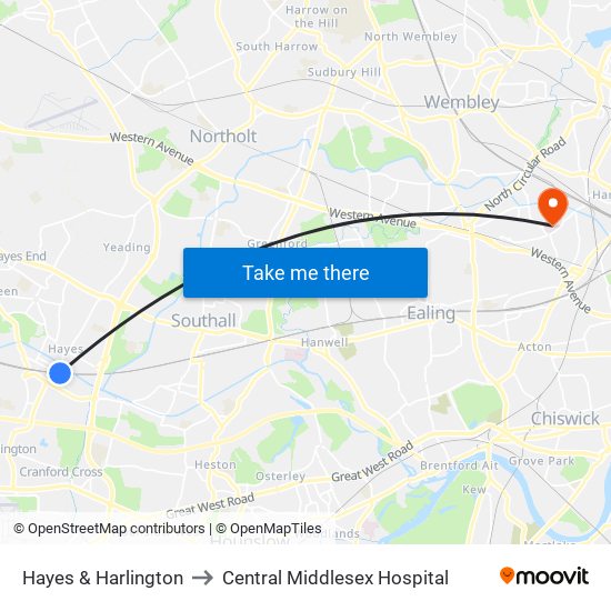 Hayes & Harlington to Central Middlesex Hospital map