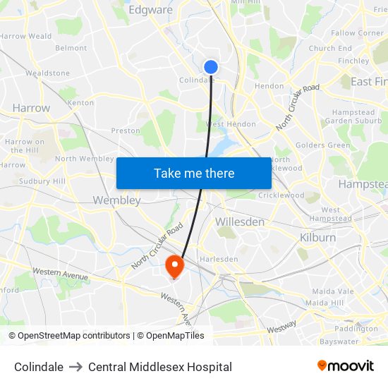 Colindale to Central Middlesex Hospital map