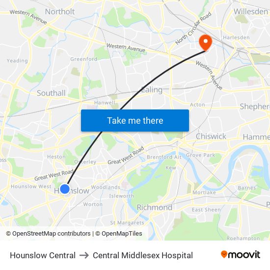 Hounslow Central to Central Middlesex Hospital map