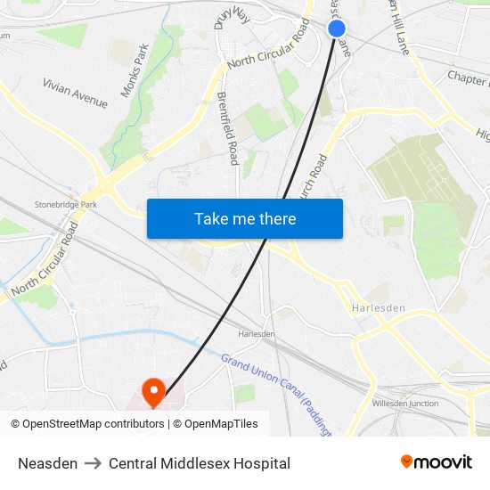 Neasden to Central Middlesex Hospital map