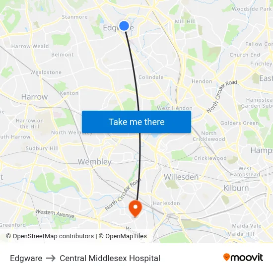 Edgware to Central Middlesex Hospital map