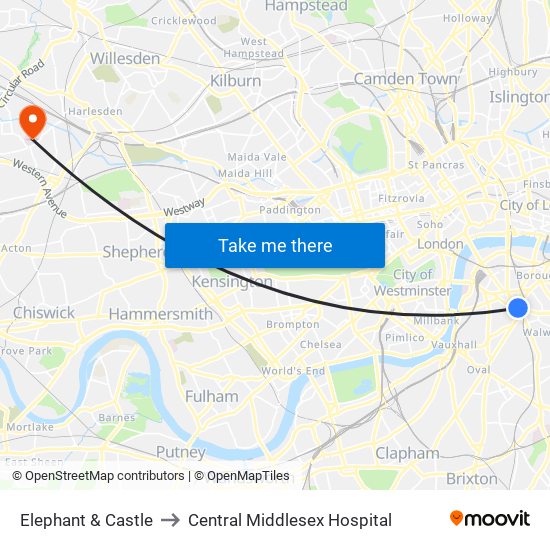 Elephant & Castle to Central Middlesex Hospital map