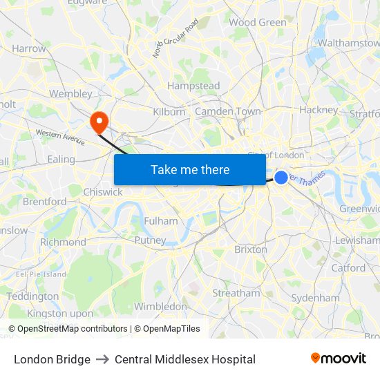 London Bridge to Central Middlesex Hospital map