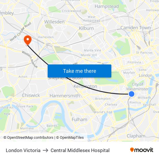 London Victoria to Central Middlesex Hospital map