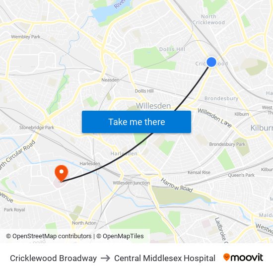 Cricklewood Broadway to Central Middlesex Hospital map