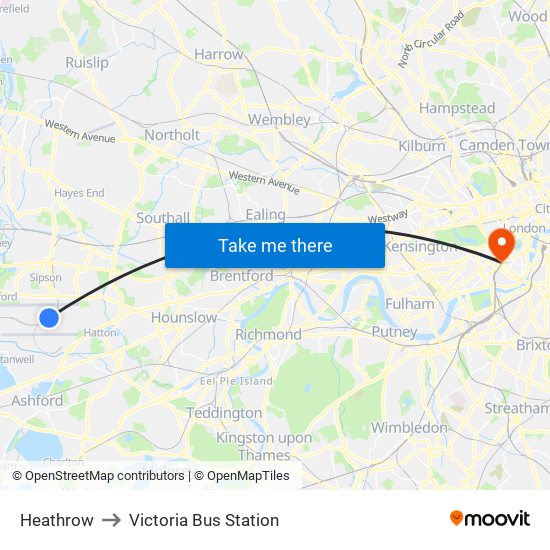 Heathrow to Victoria Bus Station map