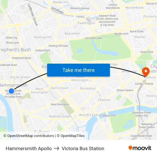 Hammersmith Apollo to Victoria Bus Station map