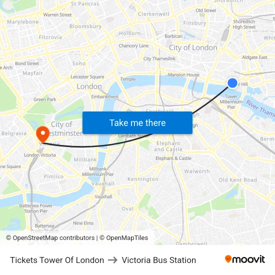 Tickets Tower Of London to Victoria Bus Station map