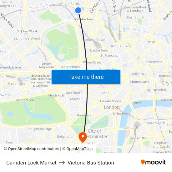 Camden Lock Market to Victoria Bus Station map